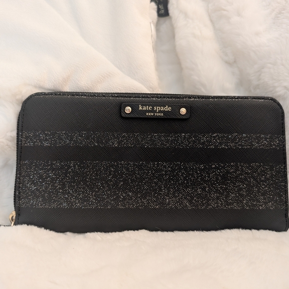Kate Spade Large Leather Zippy Wallet Black w/Silver Glitter Stripes - Picture 7 of 7